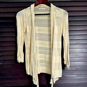 Cream, 3/4 sleeve, striped, open front, lightweight cardigan